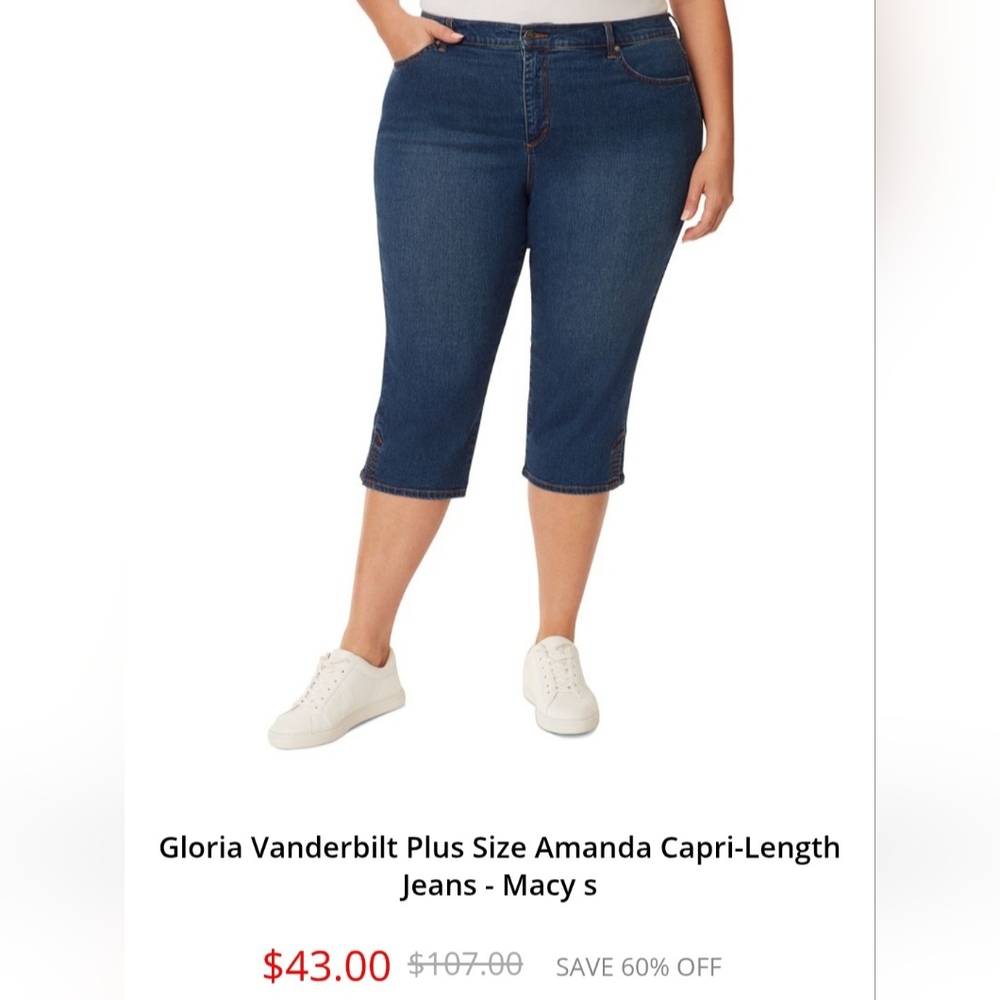 Gloria Vanderbilt Amanda Dark Blue Capri Jeans Embroidered Cotton Blend 24W New